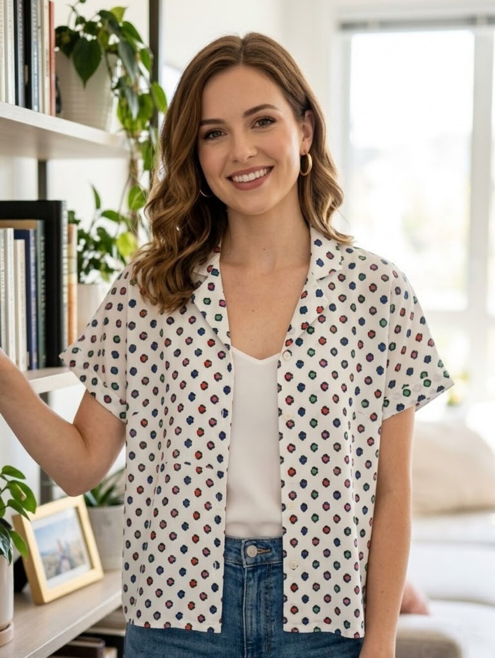Women's White Short-Sleeve Button-Up Top with Multicolor Dot Print